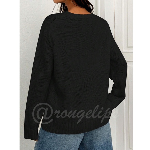 American Flag Knit Black Pullover Sweater Crew Neck Long Sleeve Drop Shoulder - Picture 3 of 7